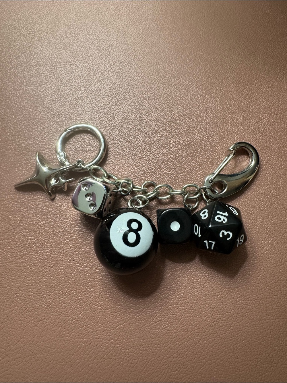 Silver & Black 8-Ball, Dice, & Star Bag Charm
